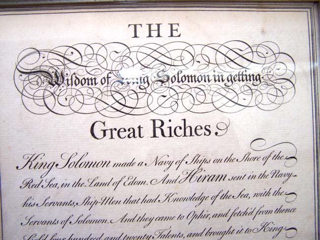 An 18th century engraving entitled "The Wisdom of King Solomon in Getting Great Riches" printed in London in 1741.